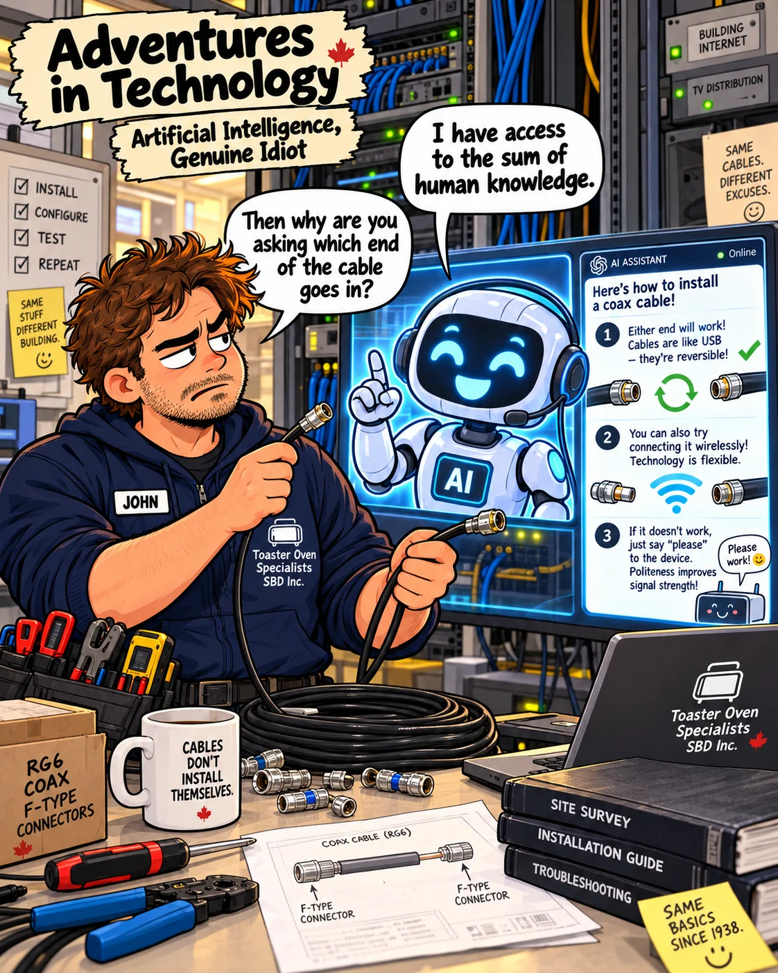 Adventures in Technology cartoon: Artificial Intelligence, Genuine Idiot. A very confident robot explains coaxial cable incorrectly