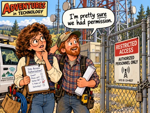 Humorous illustrated Adventures in Technology cartoon: CBC, We Had Permission. Probably.. An imaginative depiction of the episode, not a literal historical photograph.