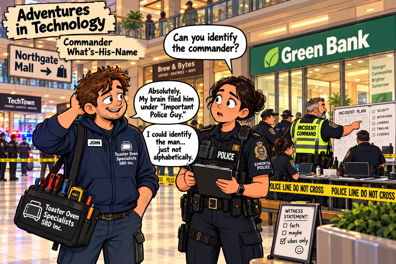 Illustrated Adventures in Technology cartoon: Commander What's-His-Name. Fictionalized humorous scene inspired by technology recollections.