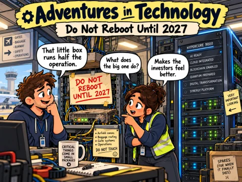 Illustrated Adventures in Technology cartoon: Do Not Reboot Until 2027. Fictionalized humorous scene inspired by technology recollections.