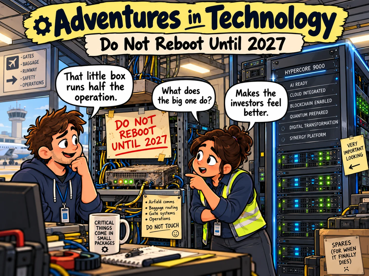 Illustrated Adventures in Technology cartoon: Do Not Reboot Until 2027. Fictionalized humorous scene inspired by technology recollections.