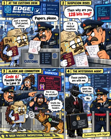 EDGE1 Border Security cartoon: The Interrogation. A disguised IPv6 packet, firewall officer, AdGuard dog, CrowdSec and WireGuard agent.