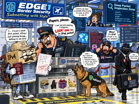 EDGE1 Border Security cartoon: The Checkpoint. A disguised IPv6 packet, firewall officer, AdGuard dog, CrowdSec and WireGuard agent.