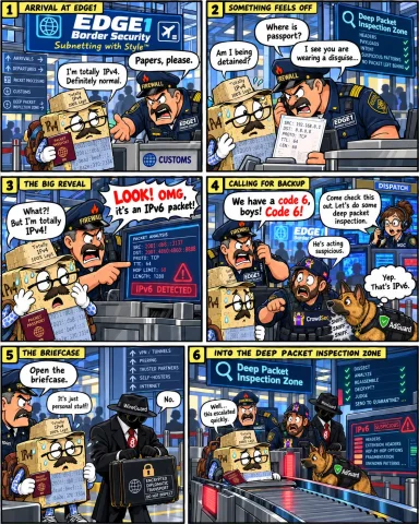 EDGE1 Border Security cartoon: Deep Packet Inspection. A disguised IPv6 packet, firewall officer, AdGuard dog, CrowdSec and WireGuard agent.