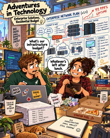 Adventures in Technology cartoon: Enterprise Solutions, Residential Budget. A startup designs a million-dollar network with lunch money