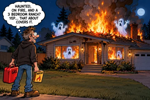Comic illustration of a three-bedroom ranch home engulfed in flames, with cartoon ghosts in the windows and a grinning man on the sidewalk holding a red gas can and matches. A thought bubble says: Haunted, on fire, and a 3 bedroom ranch? Yep... that about covers it.