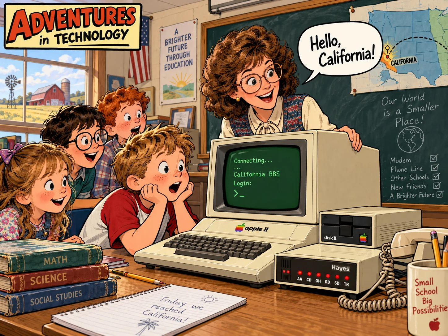 Humorous illustrated Adventures in Technology cartoon: Hello, California!. An imaginative depiction of the episode, not a literal historical photograph.