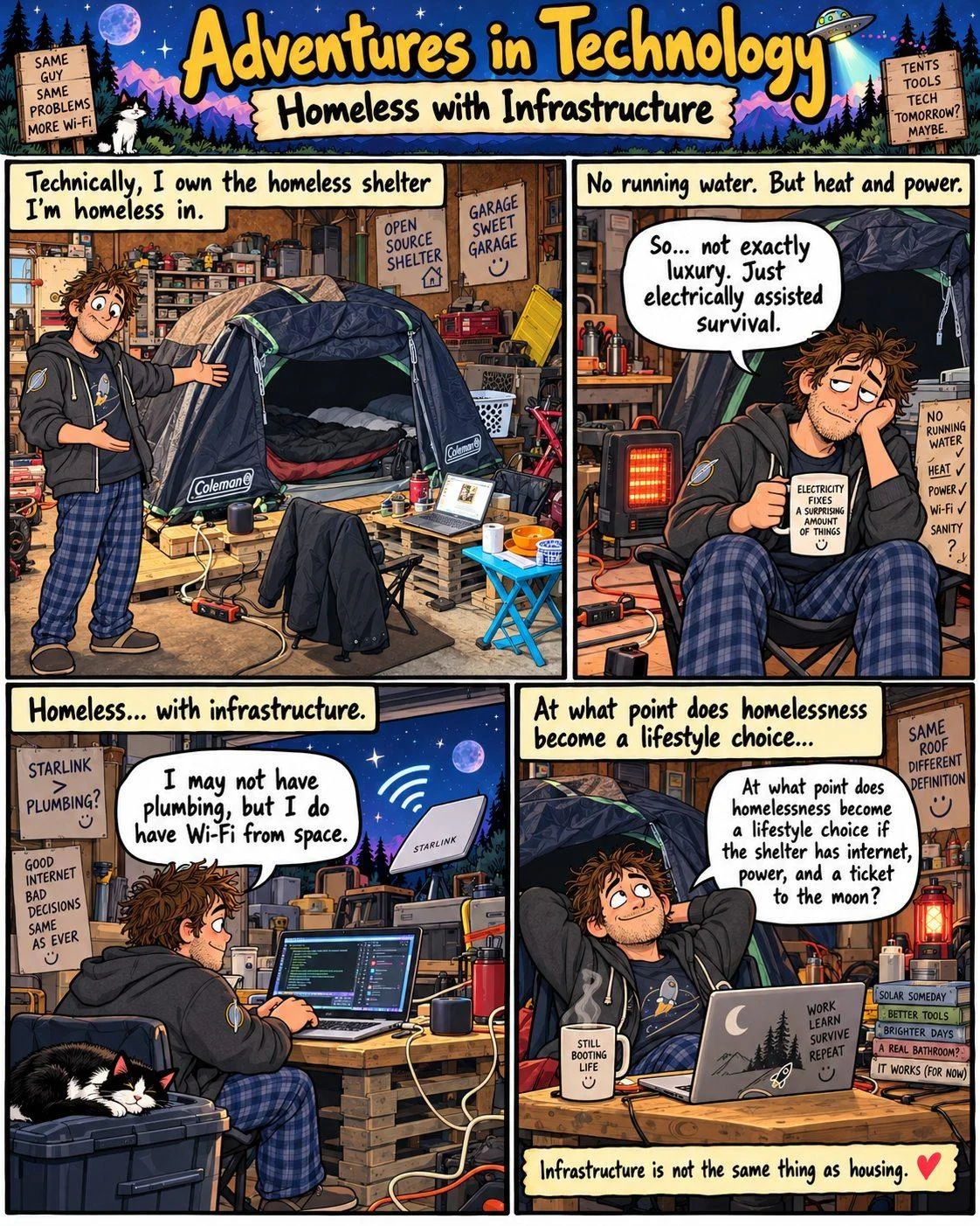 Illustrated four-panel Adventures in Technology comic: No running water. Electric heat, power, a tent in the garage, and satellite internet. Where does shelter end and lifestyle choice begin?