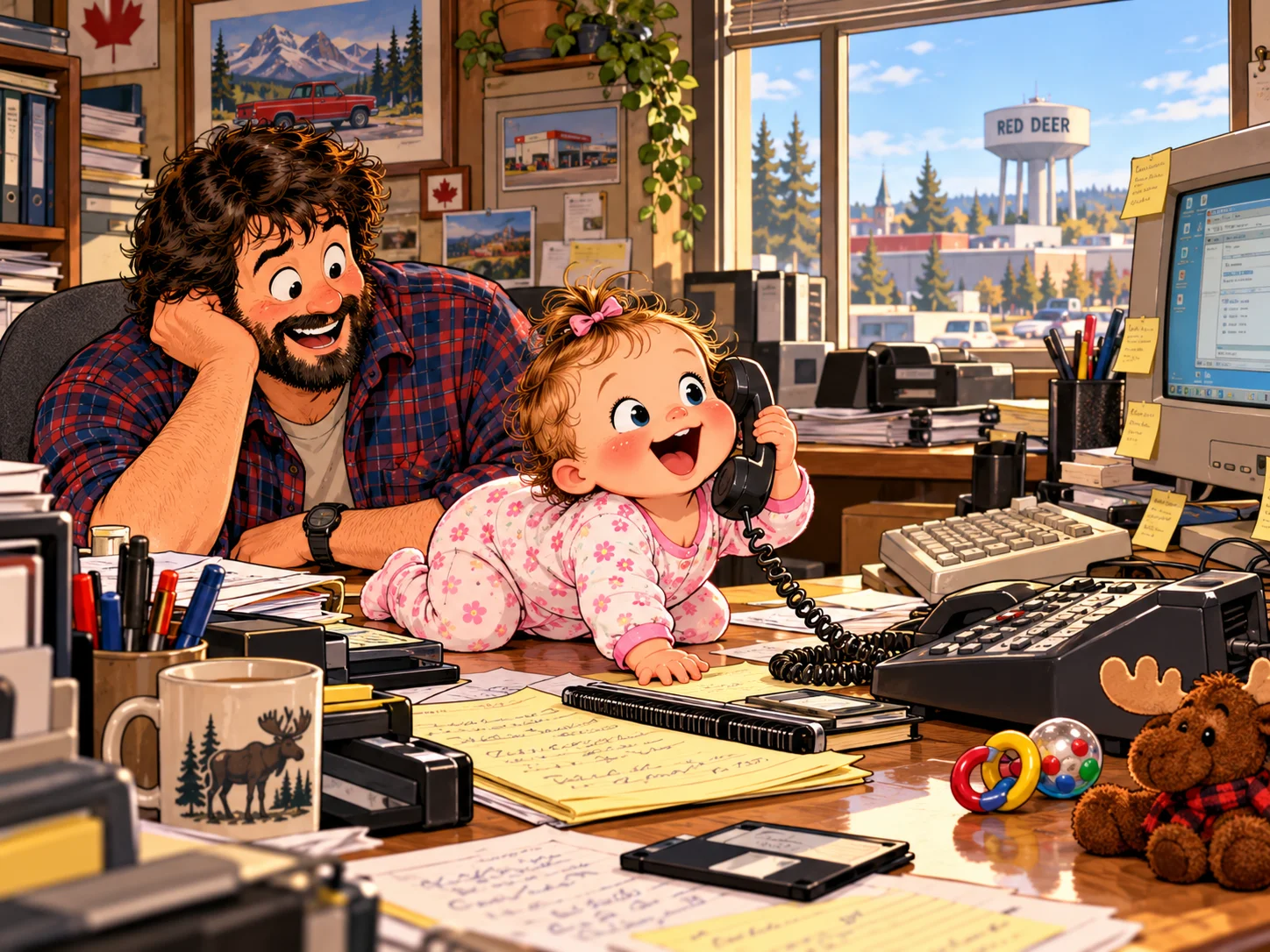 A humorous cartoon showing baby Jenna crawling across a cluttered office desk in Red Deer, holding a corded office phone to her ear and happily babbling, while her father watches with delight in a cozy 1990s office full of papers, retro computer equipment, and toys.