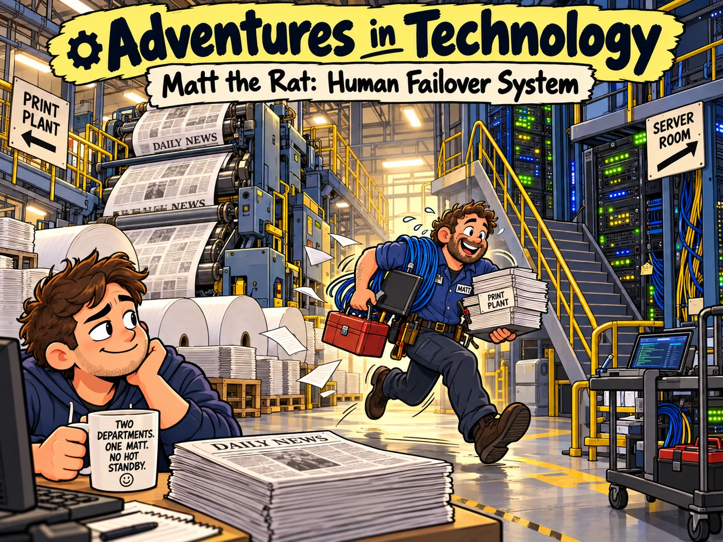Illustrated Adventures in Technology cartoon: Matt the Rat: Human Failover System. Fictionalized humorous scene inspired by technology recollections.
