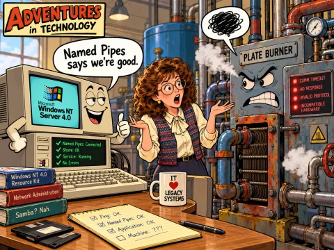 Humorous illustrated Adventures in Technology cartoon: Named Pipes, Broken Dreams. An imaginative depiction of the episode, not a literal historical photograph.