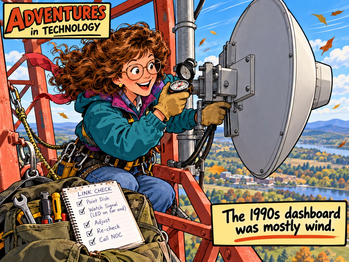Humorous illustrated Adventures in Technology cartoon: No Cloud Dashboard Required. An imaginative depiction of the episode, not a literal historical photograph.