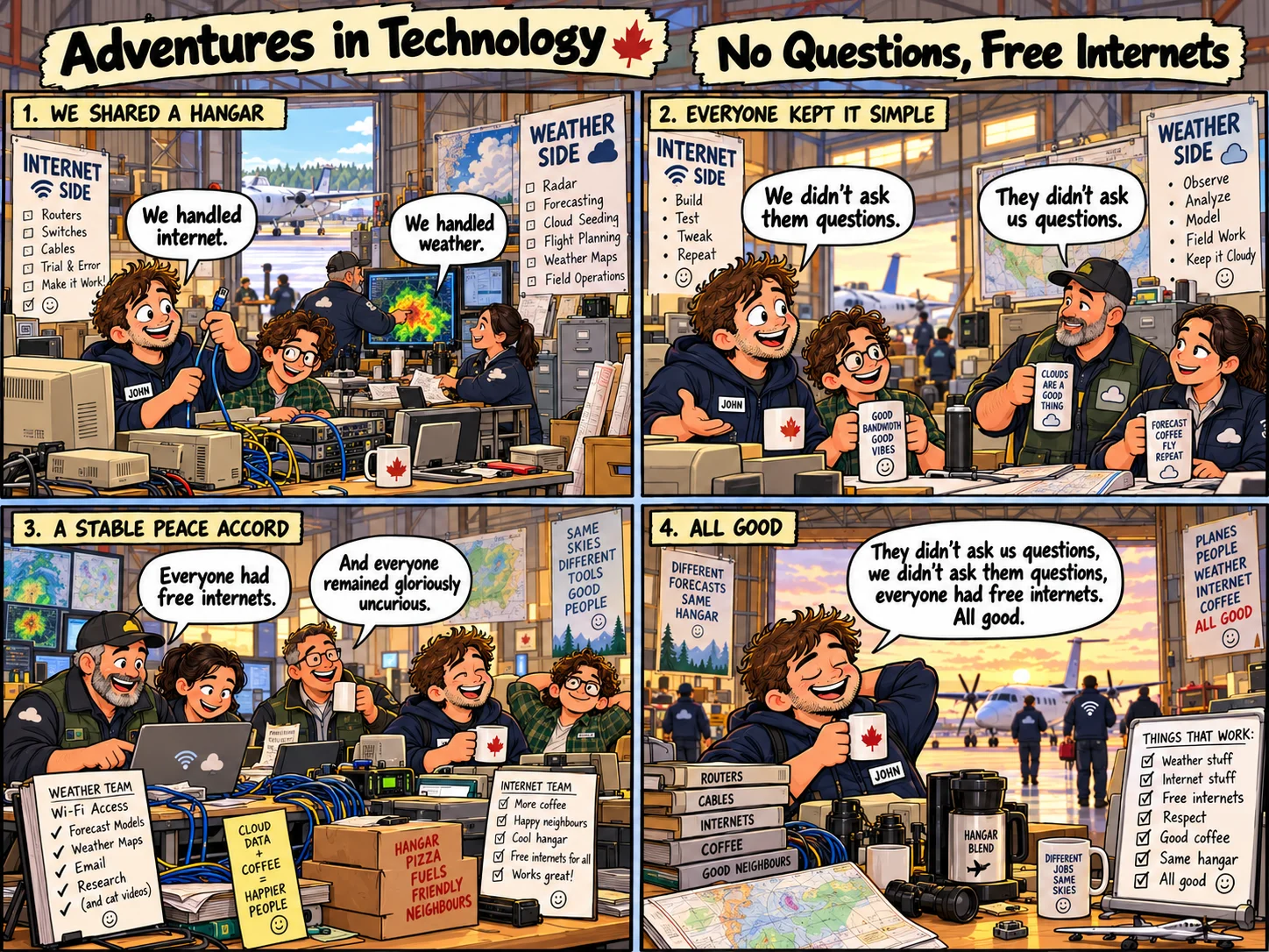 Illustrated four-panel Adventures in Technology cartoon: An airport hangar hosts internet workers, weather personnel and an understanding about being good neighbours.