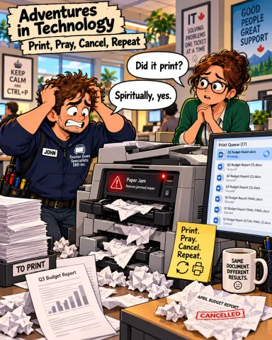 Adventures in Technology cartoon: Print, Pray, Cancel, Repeat. One document versus seventeen stuck print jobs