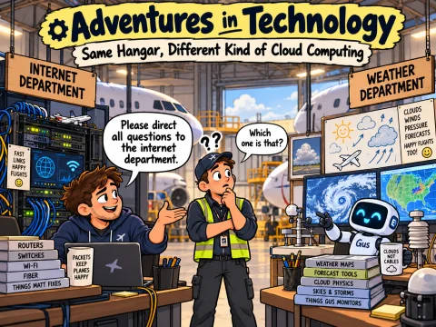 Illustrated Adventures in Technology cartoon: Same Hangar, Different Kind of Cloud Computing. Fictionalized humorous scene inspired by technology recollections.
