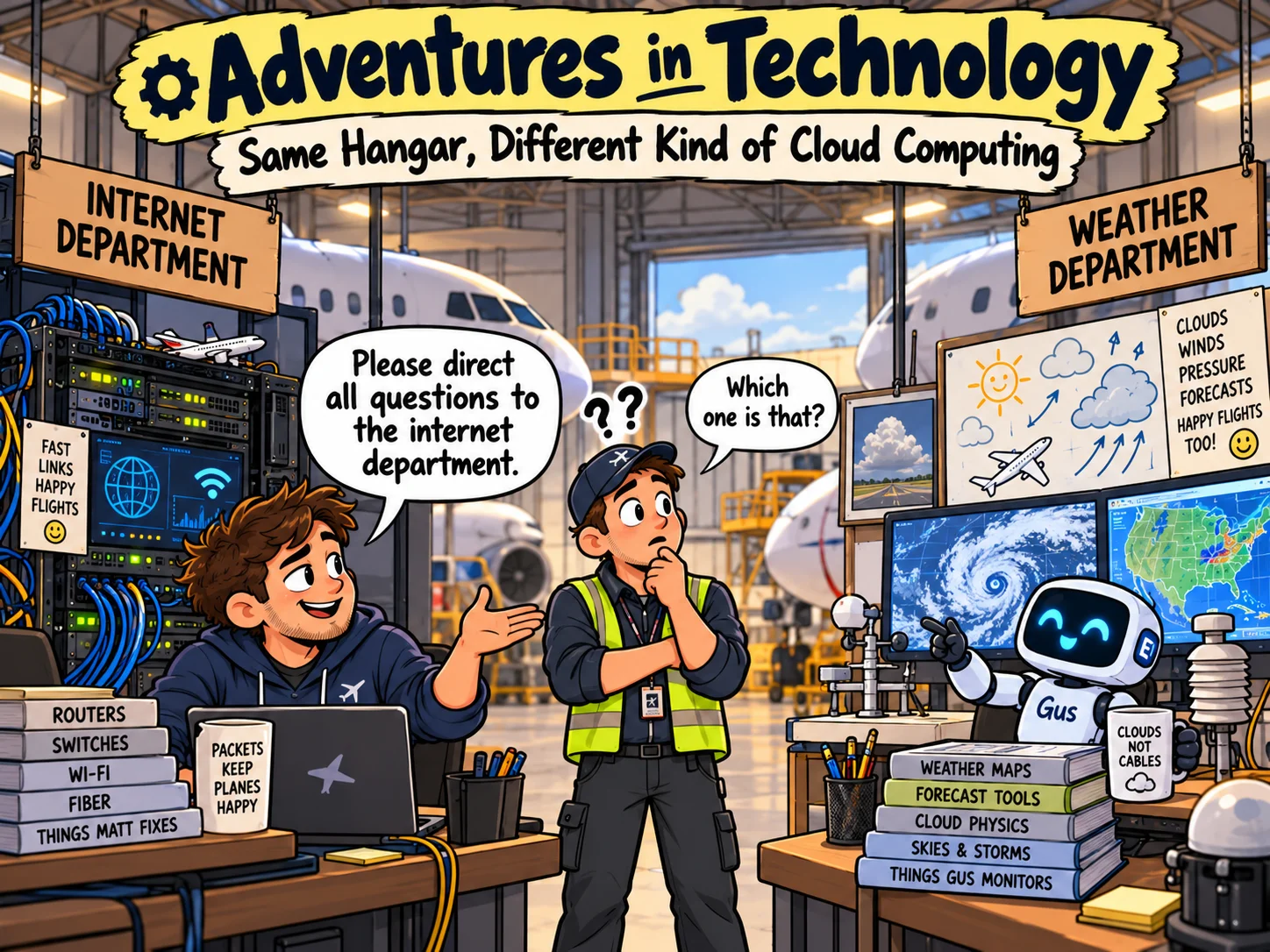 Illustrated Adventures in Technology cartoon: Same Hangar, Different Kind of Cloud Computing. Fictionalized humorous scene inspired by technology recollections.