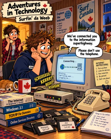 Adventures in Technology cartoon: Surfin’ da Weeb. Dial-up to the information superhighway