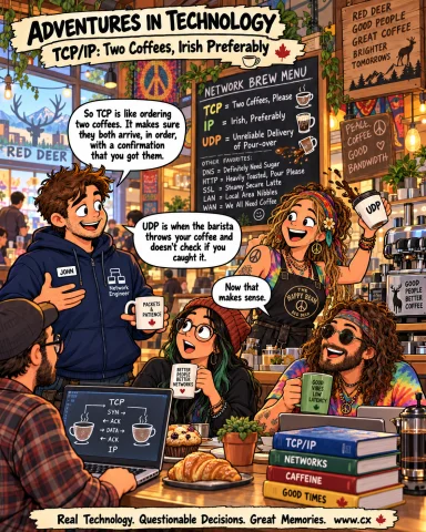 Adventures in Technology cartoon: TCP/IP: Two Coffees, Irish Preferably. A very questionable networking lesson