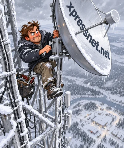 A cartoon technician clings to an icy communications tower, adjusting a giant XpressNet dish with a wrench high above a snowy landscape.