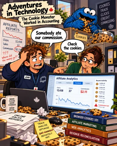Adventures in Technology cartoon: The Cookie Monster Worked in Accounting. Affiliate reports, cookies, and confusion