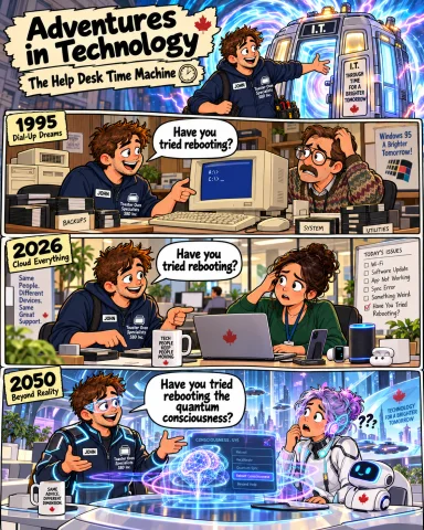 Adventures in Technology cartoon: The Help Desk Time Machine. The answer never changes even when the century does