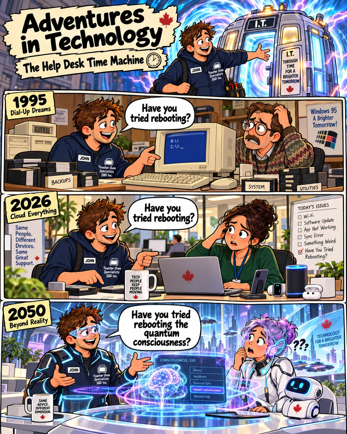 Adventures in Technology cartoon: The Help Desk Time Machine. The answer never changes even when the century does
