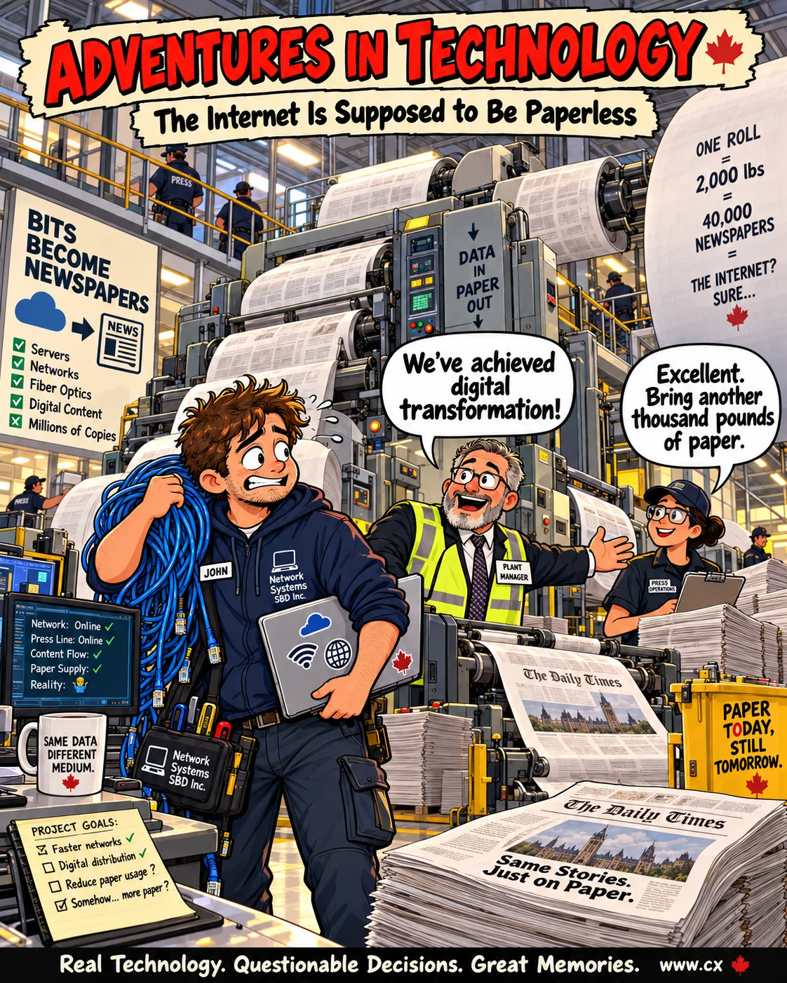 Adventures in Technology cartoon: The Internet Is Supposed to Be Paperless. Digital delivery meets the printing press