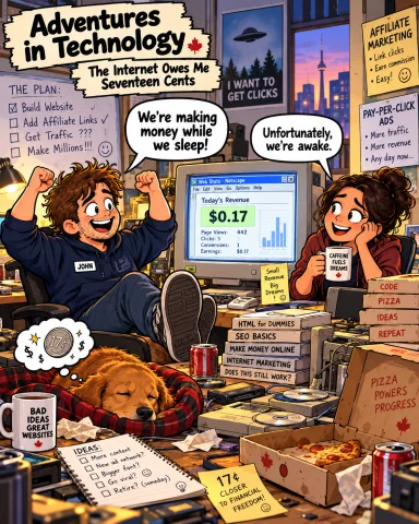 Adventures in Technology cartoon: The Internet Owes Me Seventeen Cents. Affiliate marketing's first great payday
