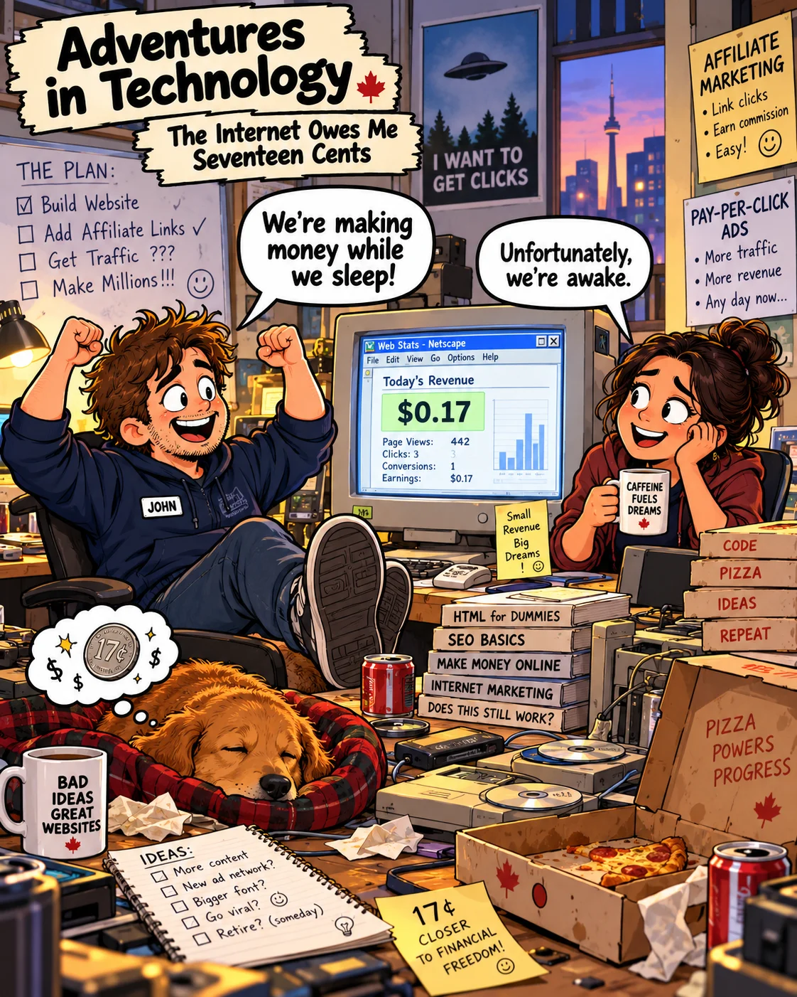 Adventures in Technology cartoon: The Internet Owes Me Seventeen Cents. Affiliate marketing's first great payday