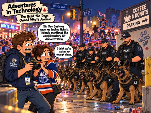 Cartoon of John and his girlfriend encountering police K9 handlers and their dogs after an Oilers playoff win on Whyte Avenue in Edmonton.