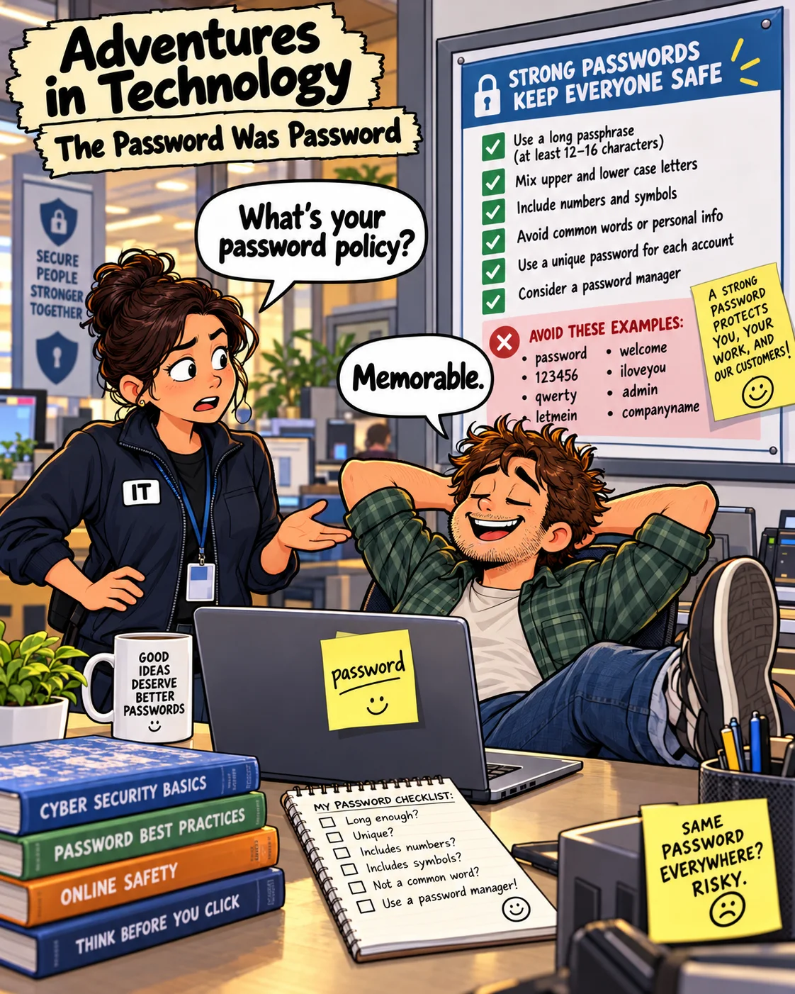 Adventures in Technology cartoon: The Password Was “Password”. Memorable credentials meet modern security advice