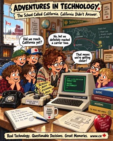 Adventures in Technology cartoon: The School Called California. California Didn't Answer.. A rural classroom attempts digital first contact