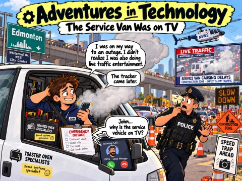 Illustrated Adventures in Technology cartoon: The Service Van Was on TV. Fictionalized humorous scene inspired by technology recollections.