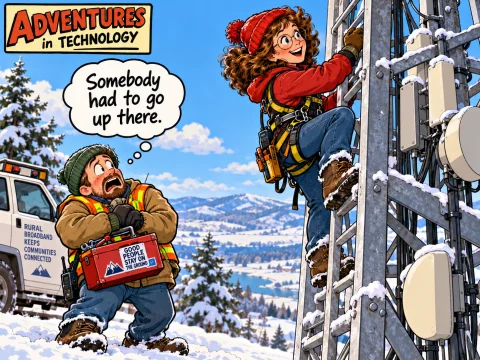 Humorous illustrated Adventures in Technology cartoon: The Technician Stayed on the Ground. An imaginative depiction of the episode, not a literal historical photograph.