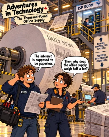 Adventures in Technology cartoon: The Thousand-Pound Office Supply. Paperless dreams, gigantic newsprint