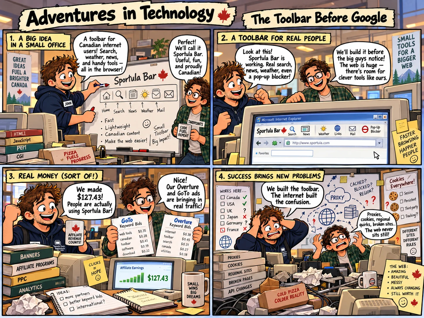 Illustrated four-panel Adventures in Technology cartoon: John and Antoine build Sportula Bar, an early Canadian web toolbar, amid start-up chaos.