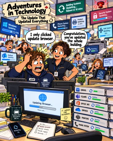 Adventures in Technology cartoon: The Update That Updated Everything. One browser patch takes down the office