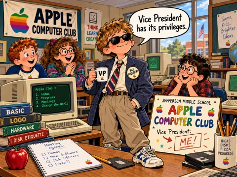 Humorous illustrated Adventures in Technology cartoon: The Vice President. An imaginative depiction of the episode, not a literal historical photograph.