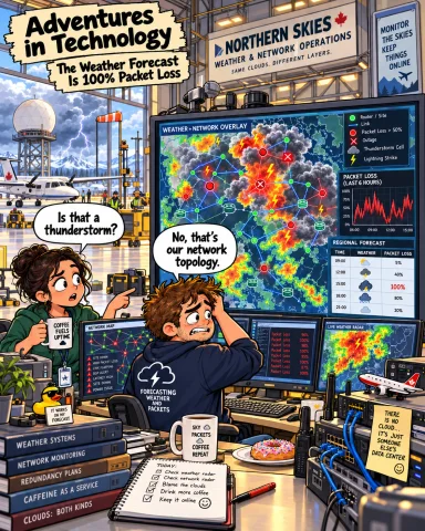 Adventures in Technology cartoon: The Weather Forecast Is 100% Packet Loss. Clouds of two completely different kinds