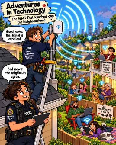 Adventures in Technology cartoon: The Wi-Fi That Reached the Neighbourhood. Excellent wireless range and unexpected neighbours