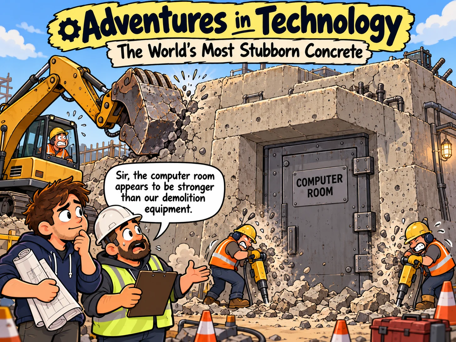 Illustrated Adventures in Technology cartoon: The World's Most Stubborn Concrete. Fictionalized humorous scene inspired by technology recollections.