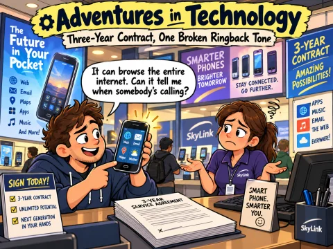 Illustrated Adventures in Technology cartoon: Three-Year Contract, One Broken Ringback Tone. Fictionalized humorous scene inspired by technology recollections.