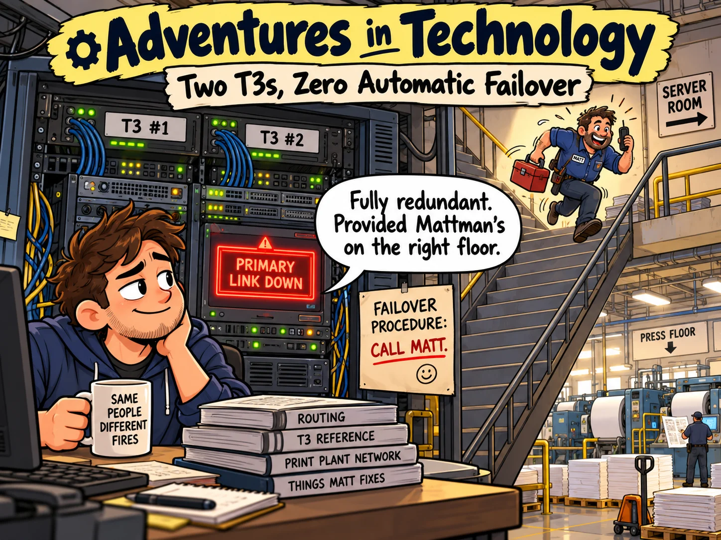 Illustrated Adventures in Technology cartoon: Two T3s, Zero Automatic Failover. Fictionalized humorous scene inspired by technology recollections.