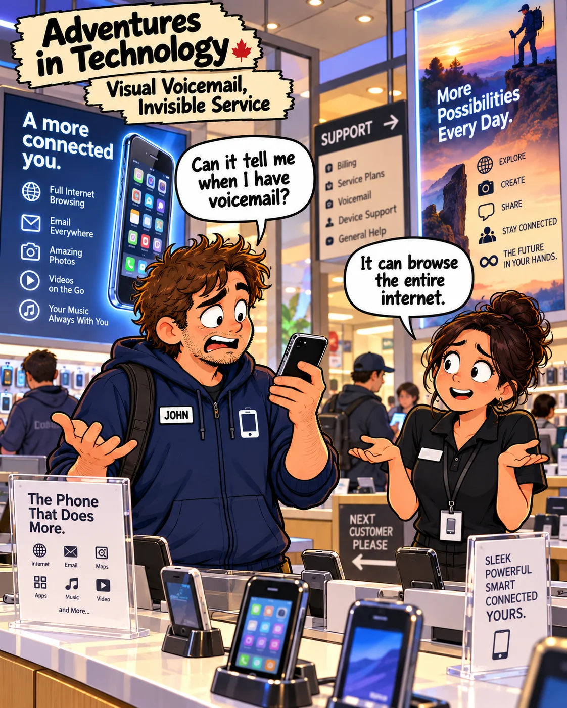Adventures in Technology cartoon: Visual Voicemail, Invisible Service. The smart phone with the shy voicemail